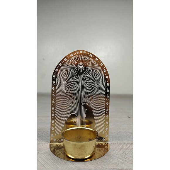Vintage Gold-Plated Filigree Brass Candle Holder Christmas Nativity Scene Design - Picture 5 of 7
